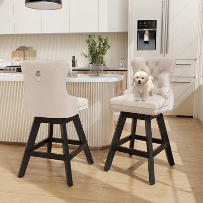 Velvet Swivel Tufted Wooden Barstools Set of 2