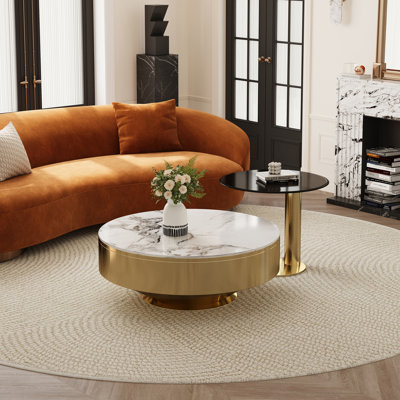 35" Round Metal and Sintered Stone Coffee Table Set with Matching Side Table, Modern Industrial Luxury Design by Everly Quinn