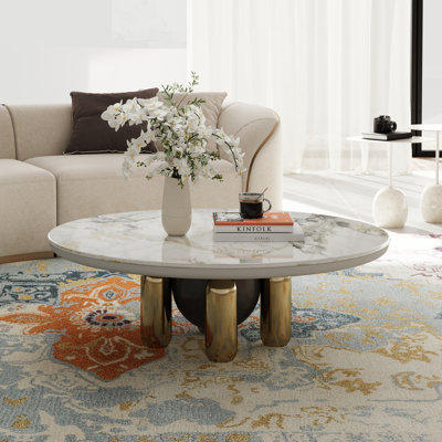 39"  Round Metal and Stone Coffee Table with Hemisphere Base, Modern Luxury Design by Everly Quinn