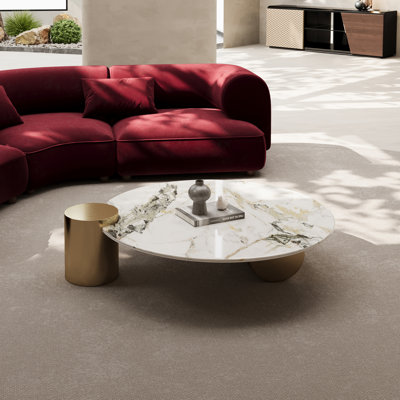 39" Round Stone Coffee Table with Metal Cylinder Legs - Modern Luxury, Space-Saving Design by Everly Quinn