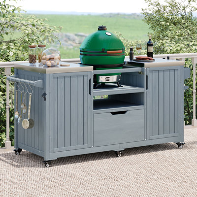 Nymeria 66.5" Solid Wood Outdoor Rolling Grill Cart With Stainless Steel Top