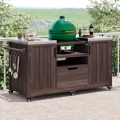 Nymeria 66.5" Solid Wood Outdoor Rolling Grill Cart With Stainless Steel Top by Red Barrel Studio
