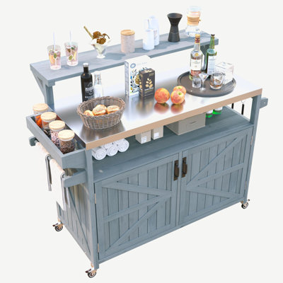 53.3" Outdoor Kitchen Island with Raised Shelf, Solid Wood Storage Cabinet with Stainless Steel Top by Gracie Oaks