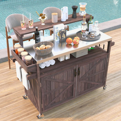 53.3" Outdoor Kitchen Island with Raised Shelf, Solid Wood Storage Cabinet with Stainless Steel Top by Gracie Oaks