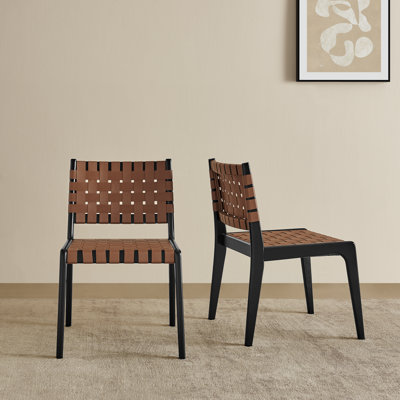 Modern Dining Chairs, Brown Leather Strap Seat and Back, Black Rubberwood Frame and Legs, Minimal Assembly Required, Stylish Accent Chairs for Dining by Xdeco