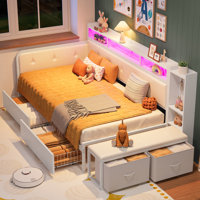 Twin Daybed With Storage Bench & 2 Drawers & Charging Station, Corner Bed Frame With Bookcase Headboard, Platform Bedframe For Bedroom, Guest Room by 17 Stories