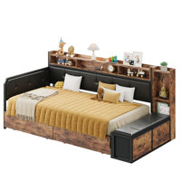 Twin Daybed With Storage Bench & 2 Drawers & Charging Station, Corner Bed Frame With Bookcase Headboard, Platform Bedframe For Bedroom, Guest Room by 17 Stories