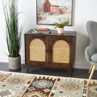 Mango Wood Handmade 2 Door Brown Room Cabinet With Rattan Front And Black Knobs by Bayou Breeze