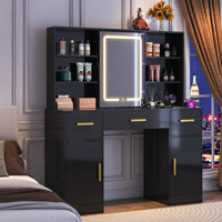 Vanity Desk With Sliding Mirror & Led Lights, 7 Open Storage Space, 3 Drawers & 2 Cabinets Large Makeup Vanity, Dressing Table With Charging Station,