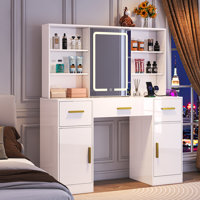 Vanity Desk With Sliding Mirror & Led Lights, 7 Open Storage Space, 3 Drawers & 2 Cabinets Large Makeup Vanity, Dressing Table With Charging Station, by Mercer41