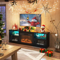 Livofloral Fireplace TV Stand for 75 Inch TV with LED Lihts, Entertainment Center with 23” Electric Fireplace, LED TV Console Table with Open Storage by Wrought Studio