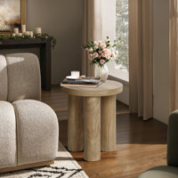 Oak Finish Manufactured Wood Round Side Table with 3 Pillar Legs by Loon Peak