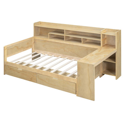 Wooden Daybed With Storage Shelves, Multi-Functional Bed With Two Storage Drawers And Study Desk by Hokku Designs