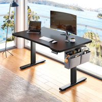 Electric Height Adjustable Standing Desk With Storage, Home Office Computer Desk With Led Lights by Latitude Run