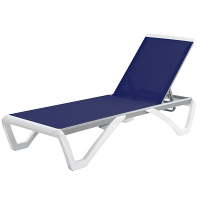 Patio Chaise Lounge Chair Full Flat Alumium Outdoor Reclining Adjustable Chair For Sunbathing Beach (Navyblue Textilene W/Otable)