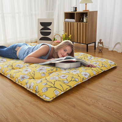Japanese Futon Mattress Magnolia Flower Floor Mattress Folding Floor Lounger Roll Up Camping Mattress Tatami Mat for House Guest,Yellow Futon Mattress by Alwyn Home