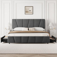 King Size Bed Frame With Adjustable Headboard And 4 Storage Drawers, Soft Upholstered Platform Bed Frames With Wooden Slats Support, No Box Spring Nee