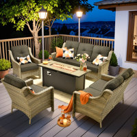 Outdoor Wicker Patio Furniture Set with Fire Pit Table - Cushioned Seating for Cozy Evenings by Red Barrel Studio