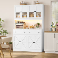 71" Kitchen Pantry with Charging Station, LED Light and Microwave Shelf, Wooden Storage Cabinet