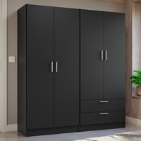 4 Doors 2 Drawers Wardrobe Set Armoire Closet Bedroom Storage Cabinet with Shelves and Hanging Space 63"L Wooden Clothing Organizer Unit by Latitude Run