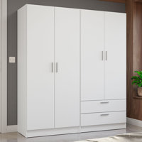 4 Doors 2 Drawers Wardrobe Set Armoire Closet Bedroom Storage Cabinet with Shelves and Hanging Space 63"L Wooden Clothing Organizer Unit by Latitude Run