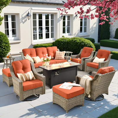 10 Pieces Patio Furniture Set With 53" Fire Pit Table, Outdoor Wicker Swivel Rocking Chairs With Comfy Cushions, All-weather High Back Sofa Couch Set by Lark Manor
