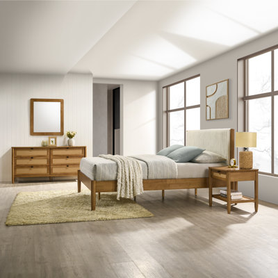 Chylie 4-Piece Rubberwood Bedroom Set with Corduroy Upholstered Queen Bed, Dresser, Mirror, and Nightstand by Bay Isle Home