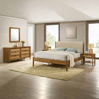Roundhill Furniture Vichy 5-Piece Rubberwood Bedroom Set with Textured Polyester Upholstered Bed, Chest, Dresser, Mirror, and 2 Nightstands by Bay Isle Home