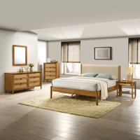 Comelia Rubberwood Bedroom Set with Textured Polyester Upholstered, Dresser, Mirror, Nightstands, and Chest by Bay Isle Home