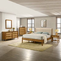 Comelia Rubberwood Bedroom Set with Textured Polyester Upholstered, Dresser, Mirror, Nightstands, and Chest by Bay Isle Home