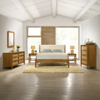 Comelia 6-Piece Rubberwood Bedroom Set with Corduroy Upholstered Queen Bed, Dresser, Mirror, 2 Nightstands, and Chest by Bay Isle Home