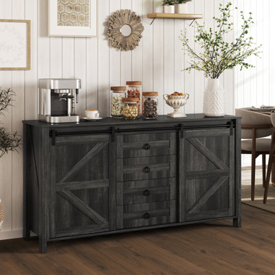 Farmhouse Sideboard Buffet Cabinet with Storage, 60" Kitchen Cabinet with 2 Sliding Barn Doors, 4 Drawers and 2 Adjustable Shelves, Rustic Coffee Bar by August Grove