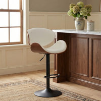 Modern Upholstered Swivel 24”H Barstool, Adjustable Height Counter Stool with Bentwood, Faux Leather Upholstered Bar Stool with Metal Frame by George Oliver