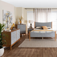 Taylin Mid-Century Grey Corduroy And Oak Brown Wood Queen 4-Piece Bedroom Set by George Oliver