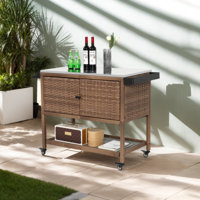 Patio Outdoor Bar Cart, Rolling Wicker Bar Cart W/Storage Cabinet, Outdoor Bar Table W/Wheels, Patio Kitchen Island Grill Cart W/Countertop by Latitude Run