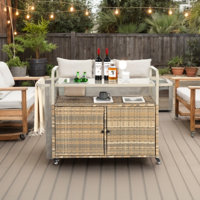 Outdoor Rolling Wicker Bar Cart, Large Portable Outdoor Wicker Bar Table With Cabinet Storage And Steel Countertop, Patio Wicker Serving Bar Cart For by Latitude Run