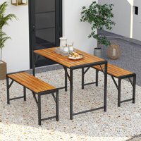 3 Pcs Dining Set For 4 People Outdoor Picnic Table & 2 Benches W/ Metal Frame by 17 Stories