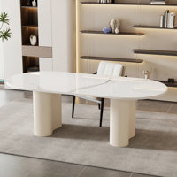 70.87" Beige Writing Desk, Glossy White Sintered Stone Tabletop, Oval Office Desk by Hokku Designs