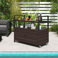 Outdoor Bar Cart With Tempered Glass Top Storage Cabinet & 8 Hooks For Porch by Latitude Run