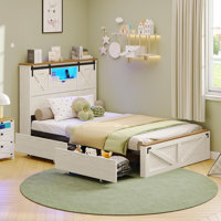 Farmhouse Twin Xl Size Bed Frame With 2 Storage Drawers, Wooden Platform Twin Xl Bed With Led Lights And Charging Station, Rustic Headboard With Slidi by August Grove