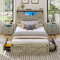 Farmhouse Twin Xl Size Bed Frame With 2 Storage Drawers, Wooden Platform Twin Xl Bed With Led Lights And Charging Station, Rustic Headboard With Slidi by August Grove