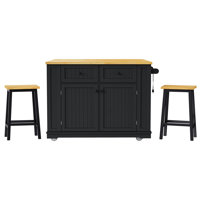 48-Inch Kitchen Island - Folding Kitchen Leaf + Electrical Outlet + 2 Bar Stools, 5-Wheel Rolling Kitchen Storage Cart With 5 Side Shelves by Lark Manor