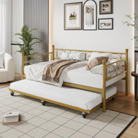 Twin Daybed With Trundle, Metal Sofa Single Bed Frame With Heavy Duty Metal Slats & Stylish Headboard, No Box Spring Needed, Multifunctional Platform