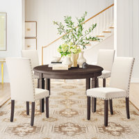 Bontrager Upholstered Nailed Trim Linen Parsons Dining Chairs with Solid Wood Legs by Lark Manor