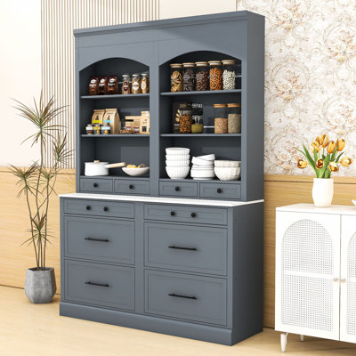 Set of 2 Freestanding Tall Kitchen Pantry with Faux Marble Top, Drawers and Adjustable Shelf