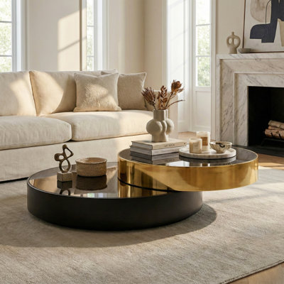Modern Coffee Table with Mirror Black Glass Top and Stainless Steel Frame, Stylish and Durable for Living Room by Everly Quinn