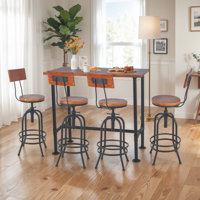 SET OF 5,Industrial Bar Table Set With Swivel Bar Stools - Rustic Pub Height Table And Chairs For Kitchen, Dining Room, Small Space, Home Bar - Wooden by Trent Austin Design