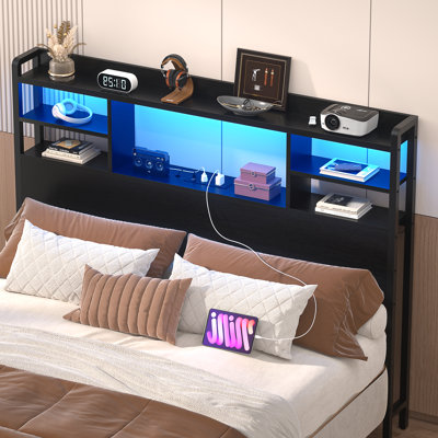 Storage Headboard with LED Lights, Bookcase Headboard with Charging Station by Wrought Studio