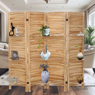4 Panel Wood Room Divider Folding Privacy Screens With Shelves