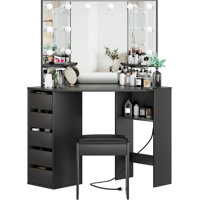 Corner Vanity with LED Lighted Mirror, Vanity Desk with Mirror and Chair, Makeup Vanity with Power Strip, 5 Drawers, Vanity Chair, Dressing Table with by Latitude Run